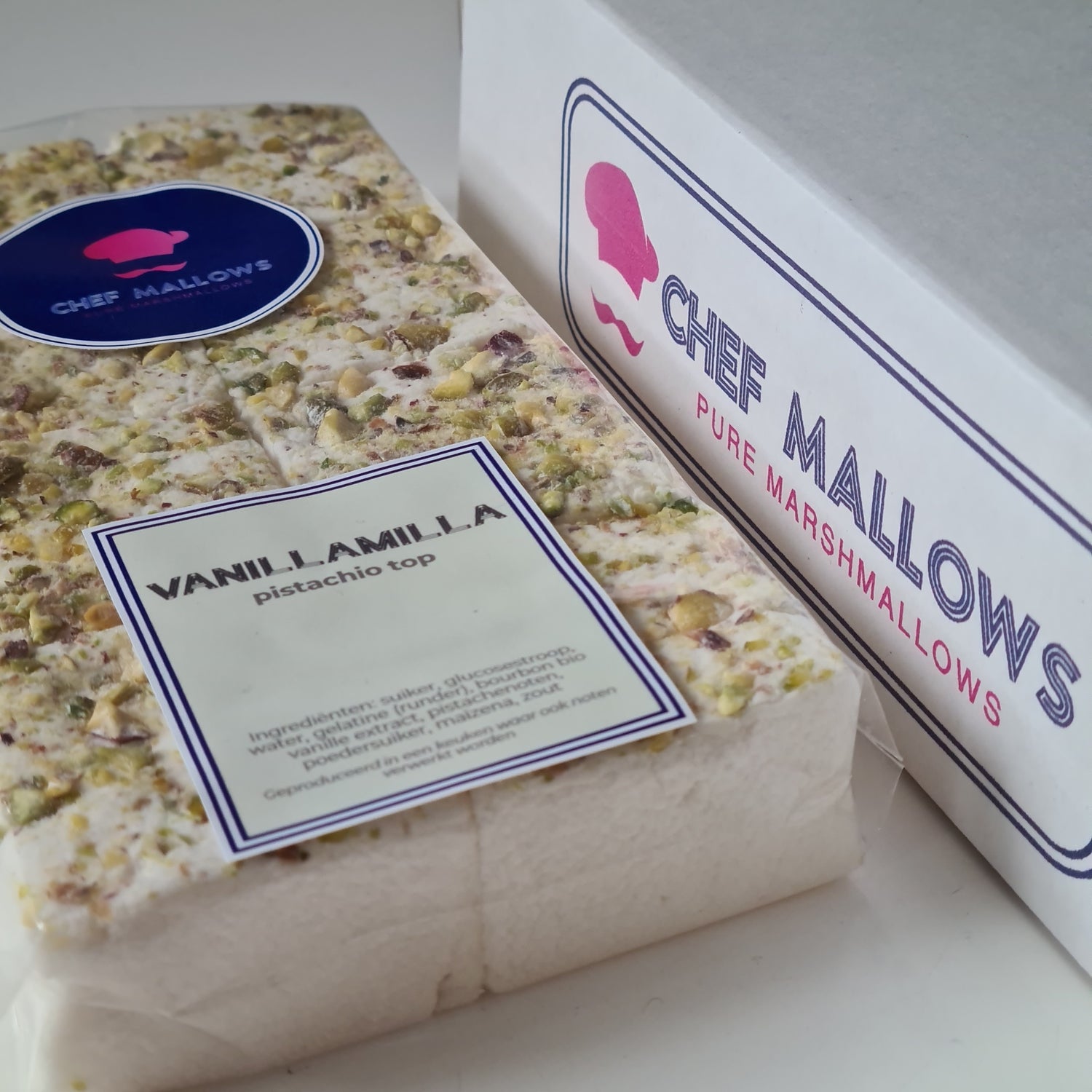 Verpakking van 8 vanille mallows met pistache